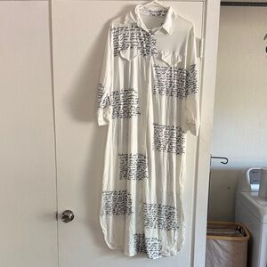 White Long Sleeve Shirt Dress with Black Script